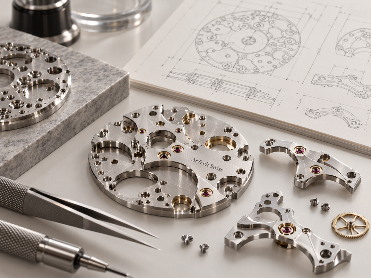 Composants horlogers usinés par ArTech Swiss SA Willemin-Macodel 701 S1 dans l’atelier ArTech Swiss à Orbe Willemin-Macodel 408S pour l’usinage CNC horloger Platines et ponts horlogers de haute précision
